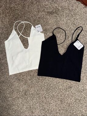 Free People V-Neck Spaghetti Strap Crop Top - White & Black